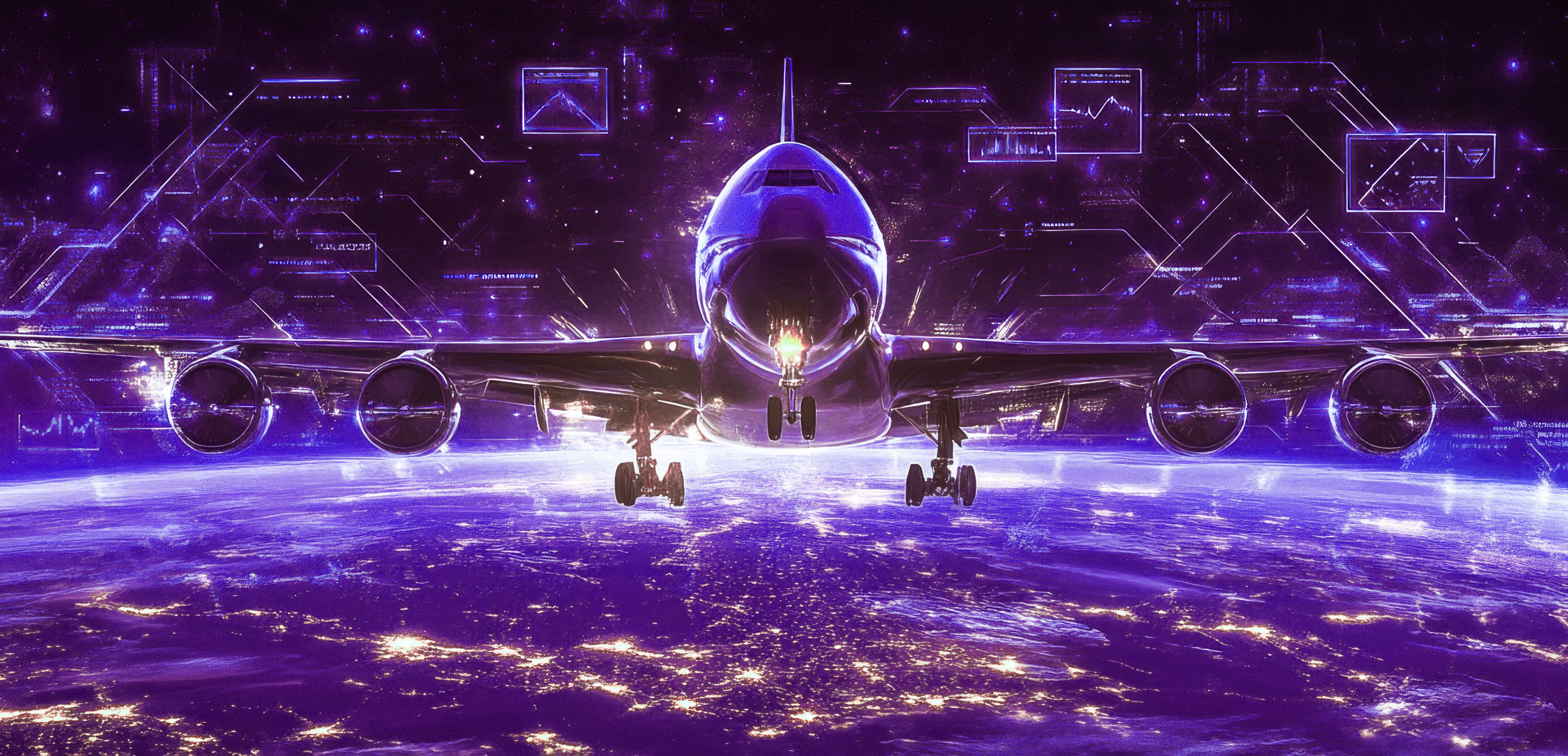 Airplane with digital interface flying over Earth at night